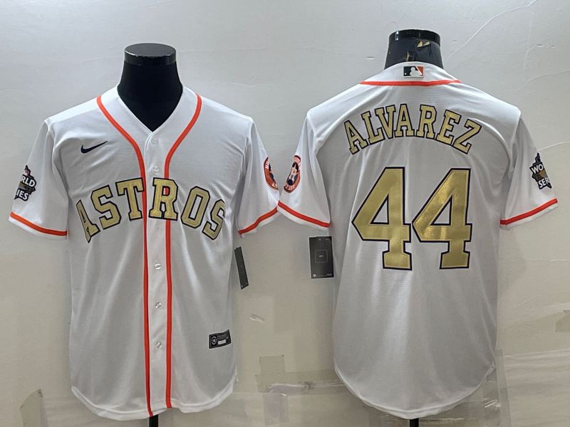 Men's Houston Astros #44 Yordan Alvarez White Gold 2022 World Series Stitched Baseball Jersey Men's Houston Astros #44 Yordan Alvarez White Gold 2022 World Series Stitched Baseball Jersey